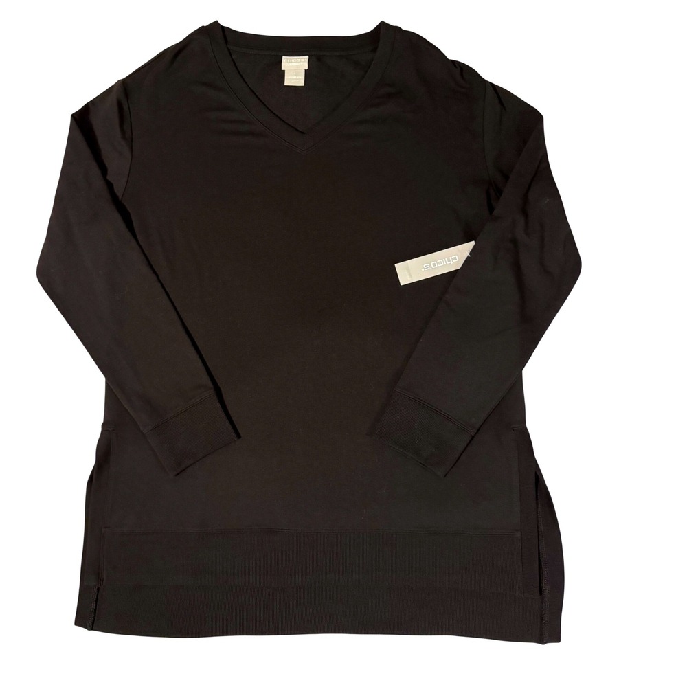 Chicos Zenergy Black Relaxed V-Neck Tunic Long Sleeve Top Size Chico 1 M US 8/10